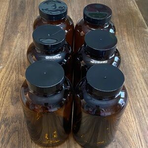 Set of 6 - 20 oz Amber Glass Jars with Black Lids. Recycled